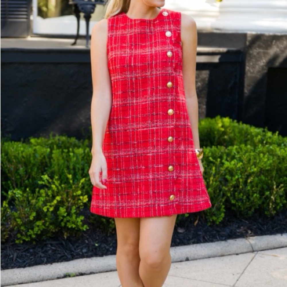 Red Plaid Sleeveless Shift Dress with Gold Buttons